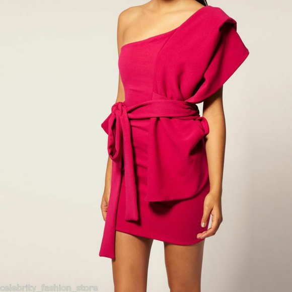 red one shoulder frill dress